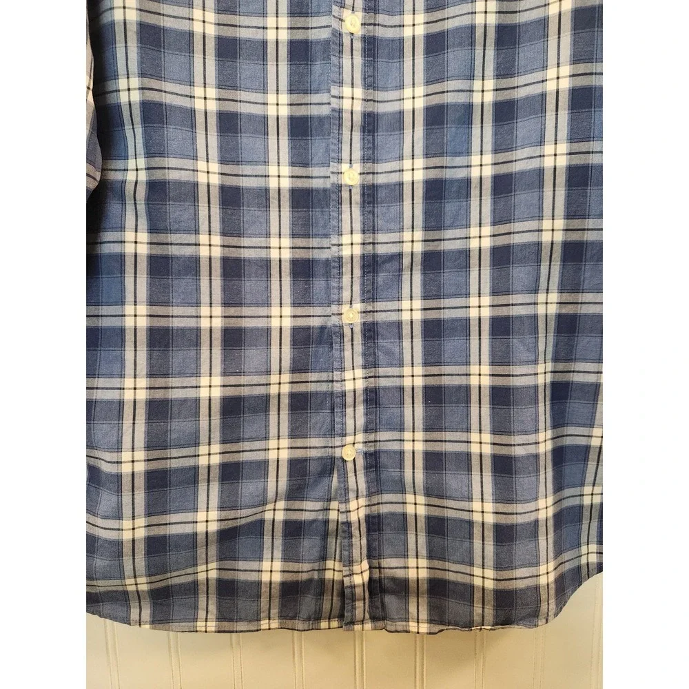 Banana Republic Mens XL Grant Fit Custom Wash Blue Plaid Cotton Button‎ Shirt